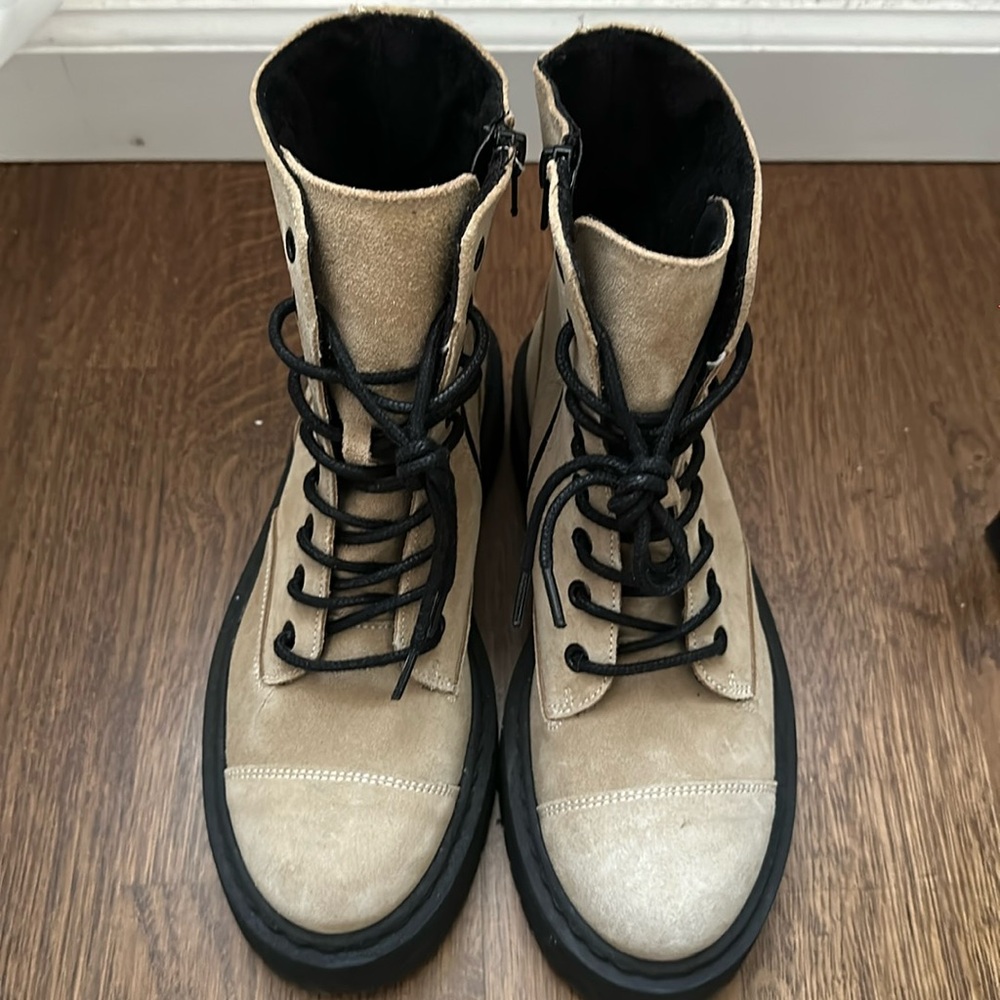 Faux Suede Tan Lace Up Platform Boots with Zipper